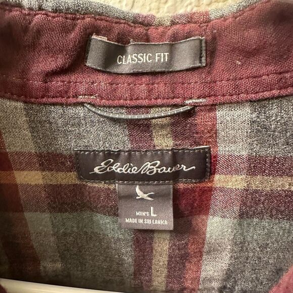 Eddie Bauer Shirt Mens Large Gray Red Plaid Classic Fit Flannel Button Up - Picture 3 of 4
